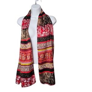 Paisley Silk Scarf Red Black Floral Patchwork Boho Oblong Wrap Art To Wear 62X15